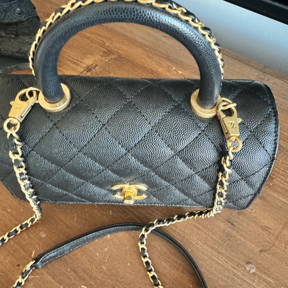 CHANEL classic Coco Top Handle Flap Black Caviar Gold Bag like NEW 23P - Picture 2 of 6